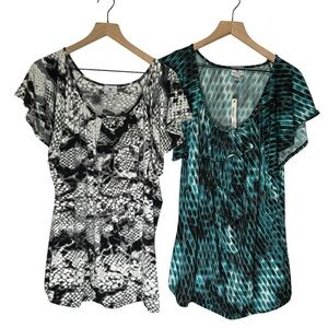 Worthington Woman Bundle of 2 Stretch Layered Ruffle Blouse Tops Animal Print 1X